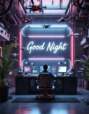 The primary subject of the image is a man sitting at a desk in a room with a neon sign that reads "Good Night." The setting appears to be a futuristic or high-tech environment, possibly a control room or a space station. The visual style is a combination of digital art and illustration, creating a unique and captivating atmosphere. The dominant colors in the image are neon pink and blue, which contribute to the futuristic and technological vibe of the scene.