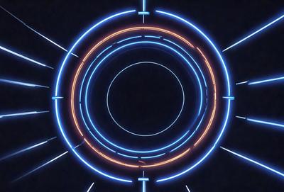 The primary subject of the image is a large, blue circle with a yellow ring around it. The setting is a dark background, which contrasts with the bright colors of the circle and ring. The visual style appears to be a digital art or illustration, as the colors and shapes are well-defined and the overall atmosphere is vibrant and lively.