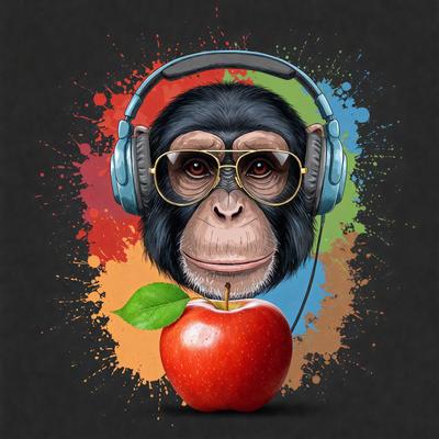The primary subject of the image is a monkey wearing headphones and glasses. The monkey is holding an apple in its mouth. The setting is a colorful background, which adds a vibrant and lively atmosphere to the scene. The visual style is a combination of digital art and illustration, creating a unique and creative representation of the monkey with headphones and glasses.