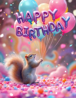 The image features a cute cartoon squirrel sitting on a pink surface, surrounded by a variety of balloons. The squirrel appears to be holding onto a balloon, and there are several other balloons scattered around the scene. The overall atmosphere is cheerful and playful, with the vibrant colors and cute animal character creating a fun and lively environment.