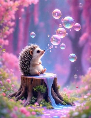 Primary subject: A hedgehog sitting on a tree stump.

Setting/background: The hedgehog is surrounded by a pink and purple forest, with bubbles floating in the air.

Visual style: The image is a digital art or illustration.

Colors and mood: The colors are predominantly pink and purple, creating a whimsical and playful atmosphere.