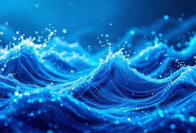 The primary subject of the image is a large body of blue water, with a few bubbles floating on the surface. The setting is a vast ocean, and the visual style is a realistic representation of the water. The dominant colors are blue and white, creating a serene and calming atmosphere.