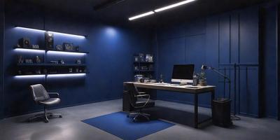 The primary subject of the image is a desk with a computer monitor, keyboard, and mouse on it. The desk is situated in a room with a blue wall, which gives the space a modern and professional appearance. The setting includes a chair positioned in front of the desk, and a potted plant placed nearby. The visual style of the image is a black and white photo, which adds a classic and timeless feel to the scene. The colors and mood of the image are predominantly dark and neutral, creating a