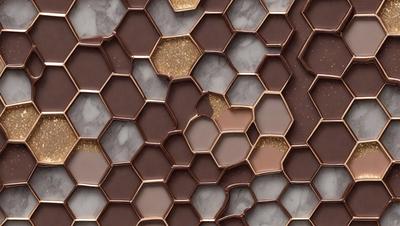 The primary subject of the image is a close-up of a marbled surface with a pattern of hexagonal shapes. The setting is a marble wall, and the visual style appears to be a combination of a photo and digital art. The dominant colors are brown and gold, giving the image a warm and earthy atmosphere.