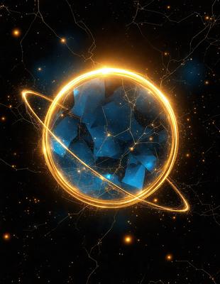 The primary subject of the image is a blue and gold planet, which appears to be a digital art or illustration. The setting is a dark, starry background, creating a sense of depth and space. The visual style is unique and captivating, with the blue and gold colors evoking a sense of wonder and exploration. The overall atmosphere of the image is one of discovery and adventure.