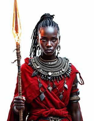 The primary subject of the image is a woman wearing a red dress and a necklace. She is holding a staff in her hand. The setting is a white background, which provides a clean and minimalist look to the image. The visual style is a combination of photo and digital art, creating a unique and eye-catching portrait. The colors in the image are predominantly red and white, giving the image a bold and striking appearance.