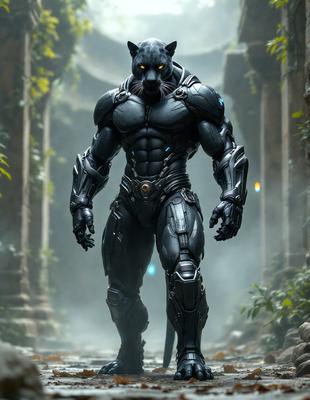 Primary subject: A black cat with glowing eyes, wearing a futuristic suit.

Setting/background: A forest with a stone path.

Visual style: Digital art.

Colors and mood: The cat is black, and the futuristic suit has a silver and blue color scheme. The overall atmosphere is mysterious and intriguing.