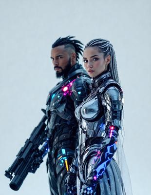 The primary subject of the image is a man and a woman dressed in futuristic, metallic outfits. They are standing next to each other, with the woman on the right and the man on the left. The setting appears to be a futuristic environment, possibly a space station or a high-tech facility. The visual style of the image is digital art, as the characters are depicted in a highly detailed and realistic manner. The colors and mood of the image are predominantly dark and moody,