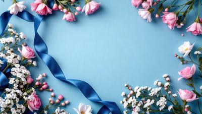 The primary subject of the image is a blue background with a blue ribbon and pink flowers. The setting is a blue wall, and the visual style is a combination of photo and digital art. The dominant colors are blue and pink, creating a calm and serene atmosphere.