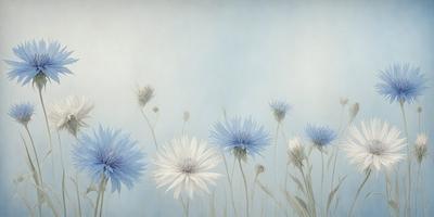 The primary subject of the image is a field of flowers, with a focus on white and blue flowers. The setting is a blue sky, and the visual style appears to be a painting or drawing. The colors and mood of the image are predominantly blue and serene, creating a peaceful and calming atmosphere.