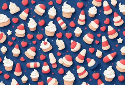 The primary subject of the image is a pattern of cupcakes and candies, which are displayed in various colors and shapes. The setting is a blue background, and the visual style appears to be a combination of digital art and illustration. The colors and mood of the image are vibrant and cheerful, with the cupcakes and candies creating a fun and playful atmosphere.