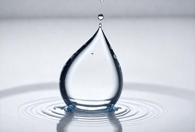 The primary subject of the image is a single drop of water, which is the main focus of the scene. The setting is a white background, which provides a clean and minimalistic environment for the water drop. The visual style of the image is a close-up, which emphasizes the details of the water drop. The colors in the image are predominantly blue, which gives the scene a calm and serene atmosphere.