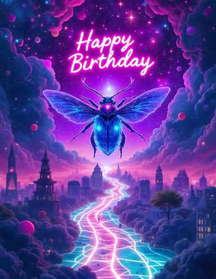The primary subject of the image is a large, colorful butterfly. The butterfly is flying through a purple sky, which serves as the backdrop for the scene. The visual style of the image is digital art, as it appears to be a painting or drawing created using digital tools. The dominant colors in the image are purple and blue, giving the scene a vibrant and lively atmosphere.