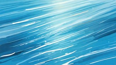 The primary subject of the image is a blue ocean with waves. The setting is a vast body of water, and the visual style is a watercolor painting. The colors and mood of the image are predominantly blue, creating a serene and calming atmosphere.