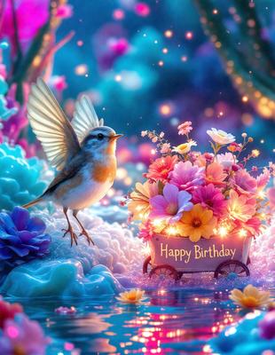 The primary subject of the image is a small bird perched on a flower-covered cart. The setting is a colorful, whimsical environment with a mix of flowers and a blue background. The visual style is a combination of photo and digital art, creating a vibrant and lively atmosphere. The dominant colors are pink, purple, and blue, with the bird being predominantly white. The overall mood of the image is joyful and celebratory, as it captures a happy birthday moment.