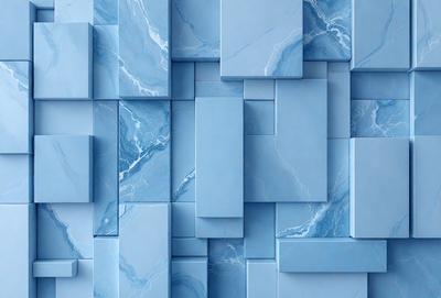 The primary subject of the image is a blue marble wall with a pattern of blue and white tiles. The setting is a room with a blue marble wall as the main focus. The visual style is a combination of digital art and illustration, creating a unique and eye-catching design. The dominant colors are blue and white, giving the wall a clean and modern appearance.