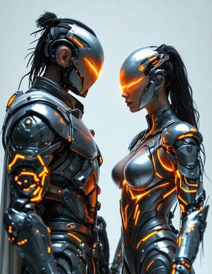 The primary subject of the image is a futuristic robot, which is the main object, scene, or focus of the image. The robot is standing next to another robot, creating a sense of companionship or interaction between the two. The setting or background of the image features a white wall, which provides a clean and minimalistic backdrop for the robots. The visual style of the image is digital art, as it is a computer-generated or digitally created representation of the robots. The colors and mood of the image are