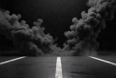 The primary subject of the image is a black and white photo of a road with smoke or fog surrounding it. The setting is a dark, cloudy sky, and the visual style is a black and white photo. The colors and mood of the image are dark and moody, with the smoke or fog creating a mysterious atmosphere.