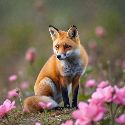 The primary subject of the image is a fox sitting on a grassy field with pink flowers around it. The setting is a natural environment with a grassy area and pink flowers. The visual style is a photo, capturing the fox in its natural habitat. The colors and mood of the image are predominantly pink, creating a serene and peaceful atmosphere.