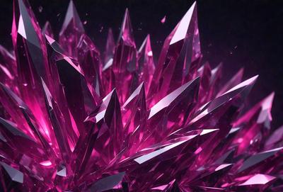 The primary subject of the image is a large, pink crystal formation. The setting is a dark background, which contrasts with the vibrant pink color of the crystal. The visual style appears to be a combination of photo and digital art, creating a unique and eye-catching image. The dominant colors are pink and black, giving the scene a bold and striking appearance.