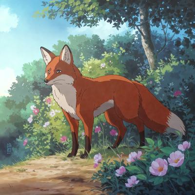 The primary subject of the image is a red fox standing in a grassy area with flowers. The setting is a forest, and the visual style is an illustration. The dominant colors are red and green, creating a warm and natural atmosphere.