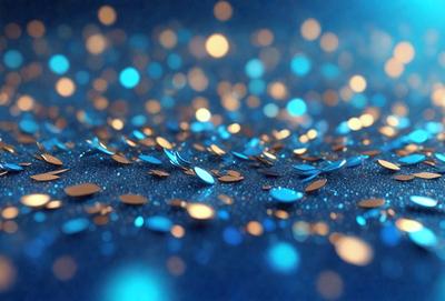 The primary subject of the image is a blue background with a pattern of glittering, shiny, blue and gold stars. The setting is a dark blue background, which contrasts with the bright, shiny stars. The visual style is a combination of a photo and digital art, creating a unique and eye-catching pattern. The colors and mood of the image are predominantly blue and gold, giving it a warm and inviting atmosphere.