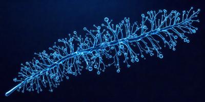 The primary subject of the image is a blue, glowing, and branching plant with blue flowers. The setting is a dark background, which emphasizes the blue hue of the plant. The visual style is a combination of a photo and digital art, creating a unique and captivating image. The colors and mood of the image are predominantly blue, giving it a serene and calming atmosphere.