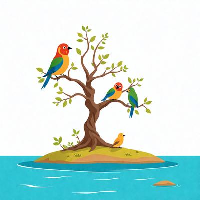 The primary subject of the image is a tree with three birds perched on its branches. The setting is a body of water, with the tree and birds situated on a small island. The visual style is a combination of digital art and illustration, creating a vibrant and lively scene. The colors and mood are predominantly green and blue, reflecting the natural environment and the tranquility of the scene.