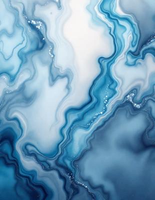 The primary subject of the image is a blue and white ocean wave. The setting is the ocean, with the wave crashing against the surface. The visual style is a digital art or illustration, showcasing the intricate details of the wave. The dominant colors are blue and white, creating a serene and calming atmosphere.