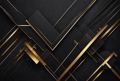The primary subject of the image is a black and gold geometric pattern. The setting is a black background, and the visual style appears to be a digital art or illustration. The dominant colors are black and gold, creating a sophisticated and elegant atmosphere.