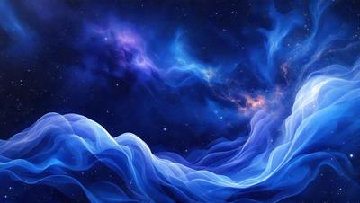 The primary subject of the image is a blue and purple nebula, which is a cloud of gas and dust in space. The setting is a dark, star-filled sky, with the nebula as the main focus. The visual style is a digital art or illustration, creating a vibrant and colorful scene. The dominant colors are blue and purple, giving the image a serene and celestial atmosphere.