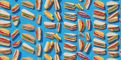 The primary subject of the image is a collection of sandwiches, which are displayed in various shapes and sizes. The sandwiches are arranged on a blue surface, creating a visually appealing and colorful pattern. The visual style of the image is a combination of photo and digital art, as it showcases the sandwiches in a creative and artistic manner. The colors and mood of the image are vibrant and lively, with the blue background providing a contrasting and calming effect.