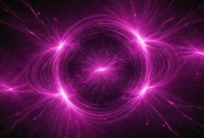 The primary subject of the image is a purple, pink, and white nebula. The setting is a dark, starry sky, and the visual style is a digital art or illustration. The dominant colors and overall atmosphere of the image are vibrant and energetic, with the nebula appearing as a swirling, glowing mass of purple and pink.