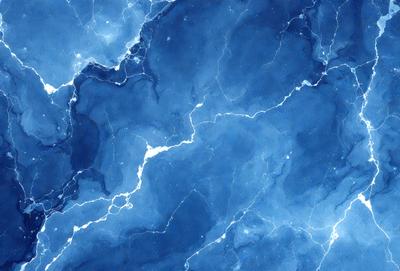 The primary subject of the image is a blue marble wall with a pattern of white streaks. The setting is a room with a blue background, and the visual style is a digital art or illustration. The dominant colors are blue and white, creating a calm and serene atmosphere.