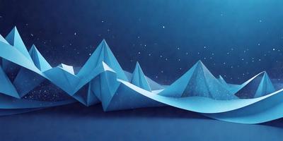 The primary subject of the image is a mountain range, which is depicted as a series of blue triangles. The setting is a dark blue background, which creates a dramatic contrast with the triangles. The visual style is a combination of digital art and illustration, giving the image a unique and artistic appearance. The dominant colors are blue and black, creating a sense of depth and mystery. The overall atmosphere of the image is one of beauty and tranquility, as the mountain range stands tall against the dark sky.