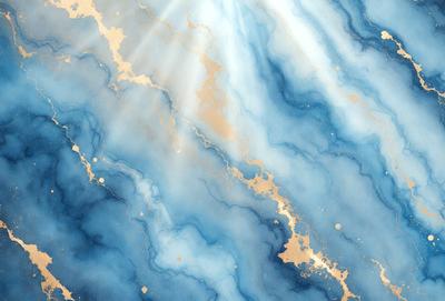 The primary subject of the image is a blue and gold marbled wall. The setting is a room with a blue and gold marbled wall, which serves as the background. The visual style is a painting, with a focus on the marbled wall. The dominant colors are blue and gold, creating a warm and inviting atmosphere.