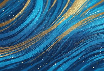 The primary subject of the image is a blue and gold ocean wave. The setting is a blue ocean, and the visual style is a digital art or illustration. The dominant colors are blue and gold, creating a serene and calming atmosphere.