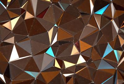 The primary subject of the image is a close-up of a patterned surface, which appears to be a combination of mirrored and metallic elements. The setting is a dark room, and the visual style is a mix of photo and digital art. The dominant colors are gold and brown, creating a warm and rich atmosphere. The overall mood of the image is intriguing and visually captivating.