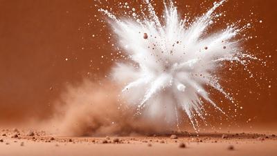 The primary subject of the image is a large explosion, which is the main focus of the scene. The setting is a dirt ground, and the visual style appears to be a photo. The colors and mood of the image are predominantly brown and dusty, giving it a somewhat dramatic and intense atmosphere.