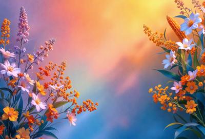 The primary subject of the image is a bouquet of flowers, which are the main objects in the scene. The flowers are arranged in a vase, and they are placed against a backdrop of a colorful sky. The visual style of the image is a combination of photo and digital art, creating a vibrant and lively atmosphere. The dominant colors in the image are orange, pink, and yellow, which contribute to the overall mood of the scene.