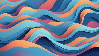 The primary subject of the image is a colorful, abstract wave pattern. The setting is a blue and orange background, which adds to the vibrant atmosphere of the scene. The visual style is a combination of digital art and illustration, creating a unique and eye-catching design. The dominant colors are blue and orange, which evoke a sense of energy and movement.