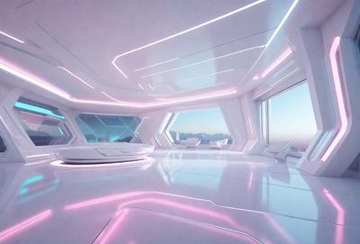 The primary subject of the image is a large, open, and modern room with a white color scheme. The room features a large window, and the setting is a futuristic, high-tech environment. The visual style of the image is a combination of photo and digital art, creating a unique and captivating atmosphere. The colors and mood of the room are predominantly white, with a touch of pink, giving the space a clean, minimalist, and futuristic feel.