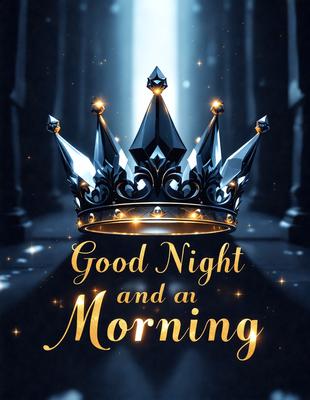Good Night and a Morning: A beautifully illustrated book cover featuring a crown, a night scene, and a morning scene. The crown is adorned with a star, and the night scene is set against a dark background. The morning scene is bright and cheerful, with a sunrise and a bird flying in the sky. The colors are predominantly black and white, with a touch of gold for the crown and the star. The overall atmosphere is serene and peaceful, inviting the reader to enjoy a good night