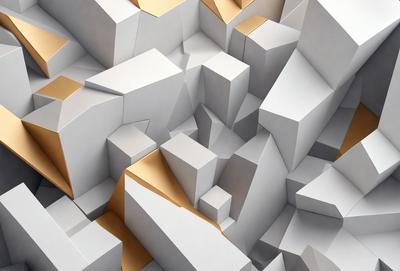 The primary subject of the image is a three-dimensional, abstract artwork made of white and gold blocks. The setting is a white background, which provides a clean and minimalist appearance. The visual style is a combination of digital art and illustration, creating a unique and intricate design. The dominant colors are white and gold, giving the artwork a sophisticated and elegant appearance.