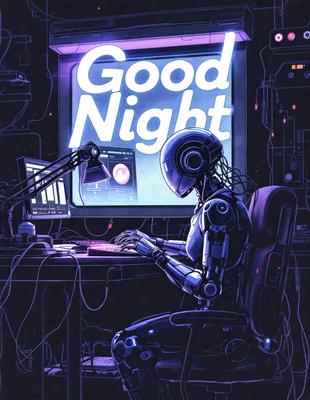 The primary subject of the image is a robot sitting at a desk in front of a computer. The robot is wearing a helmet and appears to be working on the computer. The setting is a room with a desk and a chair, and the visual style is a digital art or illustration. The colors and mood of the image are predominantly blue, giving it a futuristic and technological atmosphere.