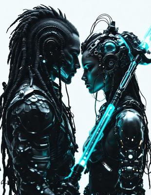 The image features a man and a woman standing close to each other, with their faces pressed together. They are both wearing futuristic, cyberpunk-style outfits, which include long hair and various electronic components. The woman has a sword in her hand, adding a sense of danger and adventure to the scene. The overall atmosphere of the image is dark and mysterious, with the couple seemingly embracing each other in a futuristic setting.