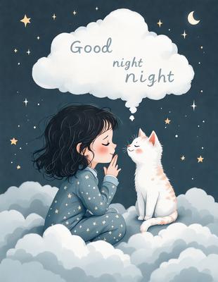 The primary subject of the image is a young girl sitting on a cloud, with a cat sitting next to her. The setting is a whimsical, imaginative environment, likely inspired by a children's story or a fairy tale. The visual style is a combination of digital art and illustration, creating a vibrant and lively atmosphere. The colors are predominantly blue and white, with the girl's pajamas and the cat's fur being blue. The overall mood is one of innocence