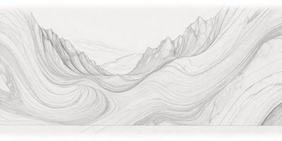 The primary subject of the image is a mountainous landscape, with a mountain range visible in the background. The setting is a white sheet of paper, which serves as the background for the drawing. The visual style of the image is a detailed drawing or illustration, showcasing the mountain range and its intricate details. The colors and mood of the image are predominantly white, giving it a clean and minimalist appearance.