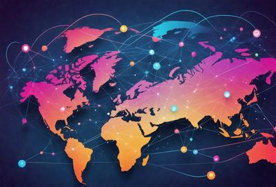 The primary subject of the image is a colorful, pink and blue globe, which is the main object, scene, or focus of the image. The setting is a blue background, and the visual style is a digital art or illustration. The colors and mood of the image are vibrant and lively, with the pink and blue hues creating a sense of warmth and energy.