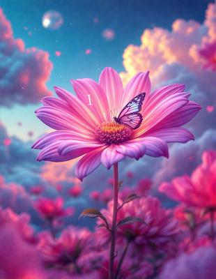 The primary subject of the image is a pink flower with a butterfly perched on it. The flower is located in a pink and purple cloudy sky, which serves as the setting for the scene. The visual style of the image is a digital art or illustration, creating a whimsical and dreamy atmosphere. The dominant colors in the image are pink and purple, which contribute to the overall mood of the scene.